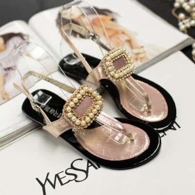 包邮新款韩版时尚珍珠串珠夹趾平底凉鞋舒适女鞋子米妮珍娜鞋夏季