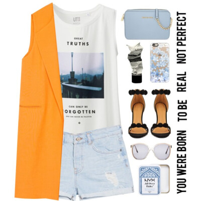 A fashion look from June 2015 featuring white tops, orange vest and denim shorts. Browse and shop related looks.