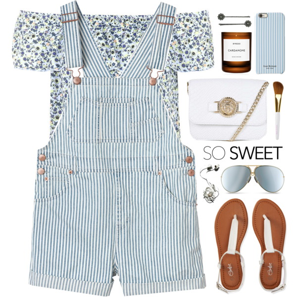 A fashion look from June 2015 featuring off shoulder shirt, white overall and party rock shoes. Browse and shop related looks.