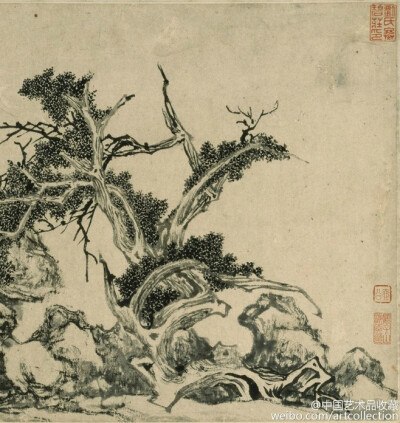 【 明 文徵明 《古柏图》 】卷，水墨纸本，26.04×48.9cm，纳尔逊-艾金斯美术馆藏。 此作绘一巨石之上，一古松孤高枝长。作者自题：“雪属霜凌岁月更，枝虬盖偃势峥嵘。老夫记得杜陵语，未露文章世已惊。徵明写意柏起…