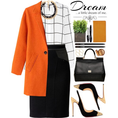 A fashion look from June 2015 featuring collarless shirt, orange coat and leather pencil skirt. Browse and shop related looks.