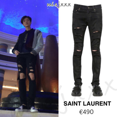 150328 鹿晗微博更新 棒球拼接外套 Maison Martin Margiela , 破洞裤 Saint Laurent , 滑板鞋 Givenchy