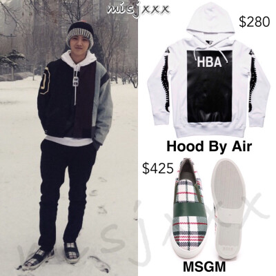 150405 鹿晗instagram更新 棒球拼接外套 Maison Martin Margiela , 连帽衫 Hood By Air , 滑板鞋 MSGM