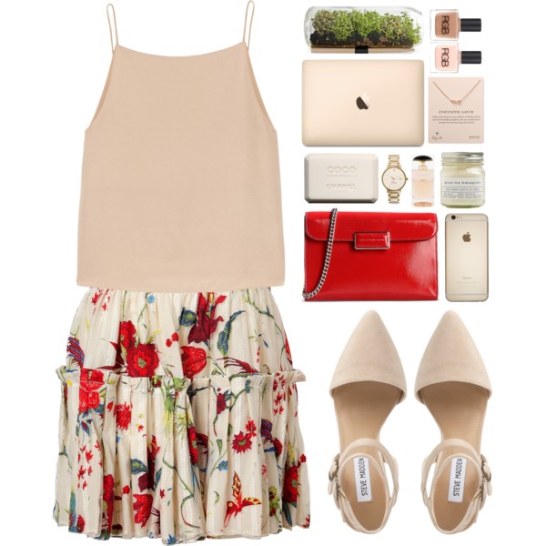 A fashion look from May 2015 featuring camisoles &amp;amp; tank tops, mini skirt and flat shoes. Browse and shop related looks.