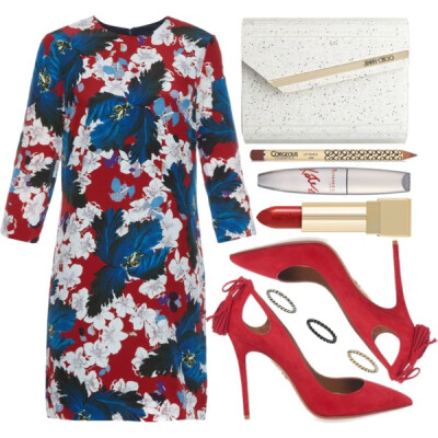 A fashion look from June 2015 featuring red shoes, evening handbags and midi rings. Browse and shop related looks.