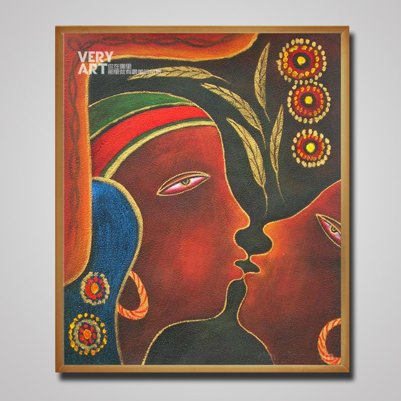 吻民族色彩神秘图案家居酒吧酒店装饰画现代抽象情侣人物油画手绘