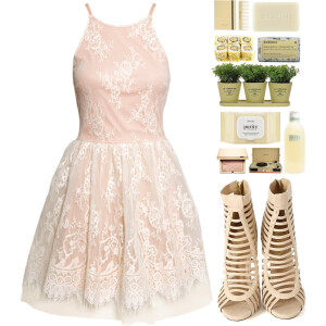 A fashion look from June 2015 featuring pink cocktail dress, caged platform booties and matte face powder. Browse and shop related looks.