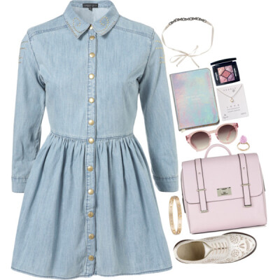 A fashion look from June 2015 featuring short blue dresses, Dr. Martens shoes and zippered faux leather satchel. Browse and shop related looks.