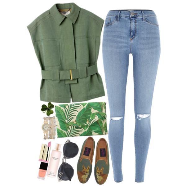 A fashion look from June 2015 featuring blue jean leggings, loafers moccasins and green clutches. Browse and shop related looks.