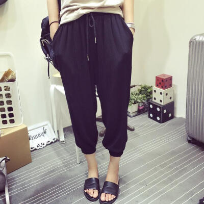 nini 好质量裤脚收口松紧腰压皱雪纺面料七分小脚裤灯笼裤休闲裤