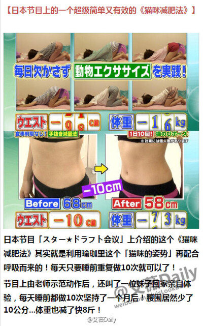 @艾薇Daily #艾薇技能帖# 【日本节目上的一个超级简单又有效的甩肉法《猫·咪·减·肥·法》】是一位瑜伽老师在节目上分享的这个个方法，只要每天睡前重复这个动作10次就可以减腰甩肉！