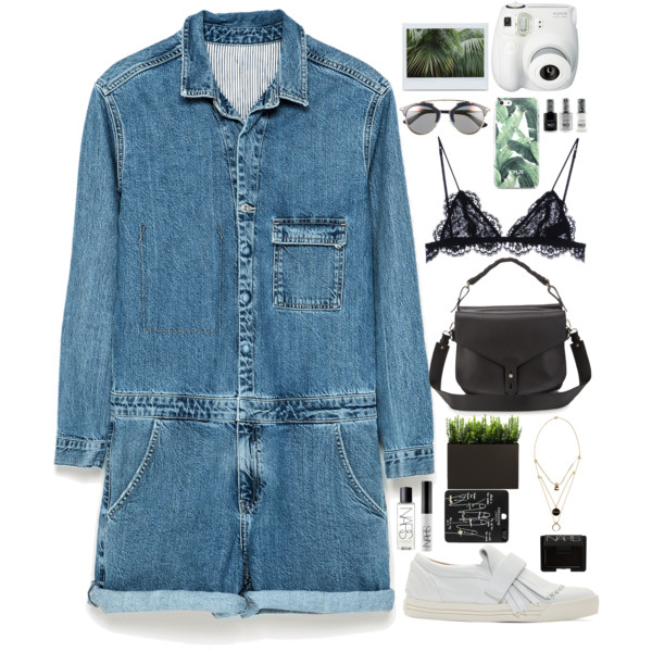 A fashion look from June 2015 featuring blue jump suit, black lace bra and white flat shoes. Browse and shop related looks.