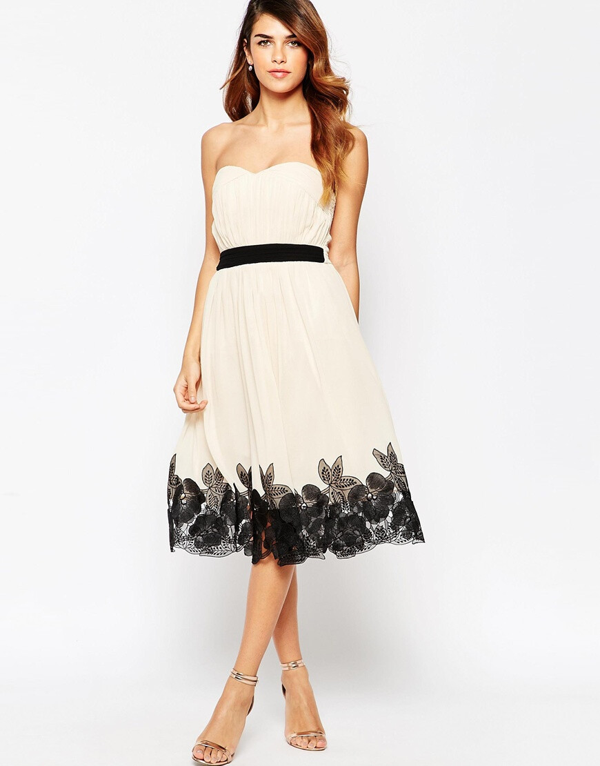 Image 1 of Little Mistress Ruched Bodice Full Midi Dress With Floral Applique Hem