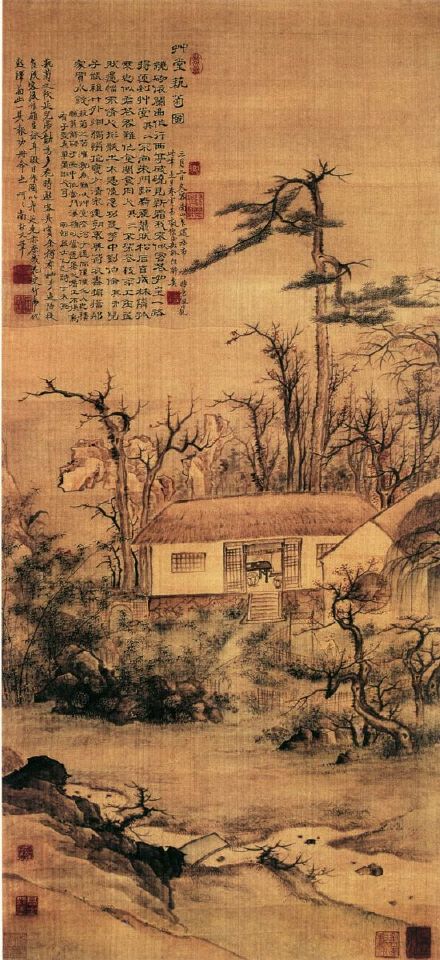 【国画1761】清 高凤翰《草堂艺菊图》—— 纸本设色，51 × 122 厘米，现藏日本大阪市立美术馆。此画以疏毫写草堂，细笔写修篁淡菊、老梅乔松；一翁策杖而行，当为画家自写。景物简繁错落，各得其所，布置极为精当；尤为可观者，是以精秀之笔，写出萧疏淡泊之气，实为大家手笔。