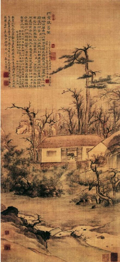 【国画1761】清 高凤翰《草堂艺菊图》—— 纸本设色，51 × 122 厘米，现藏日本大阪市立美术馆。此画以疏毫写草堂，细笔写修篁淡菊、老梅乔松；一翁策杖而行，当为画家自写。景物简繁错落，各得其所，布置极为精当；…