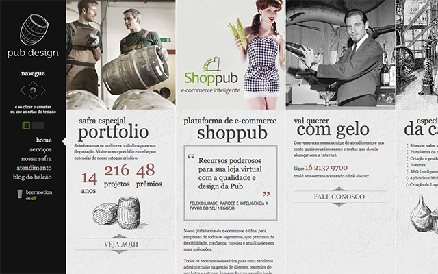 Pub Design的网站风格类似美国杂志风，页面以卡片式设计和瀑布流的方式展现，表现出了一种自由随性的冲击力。