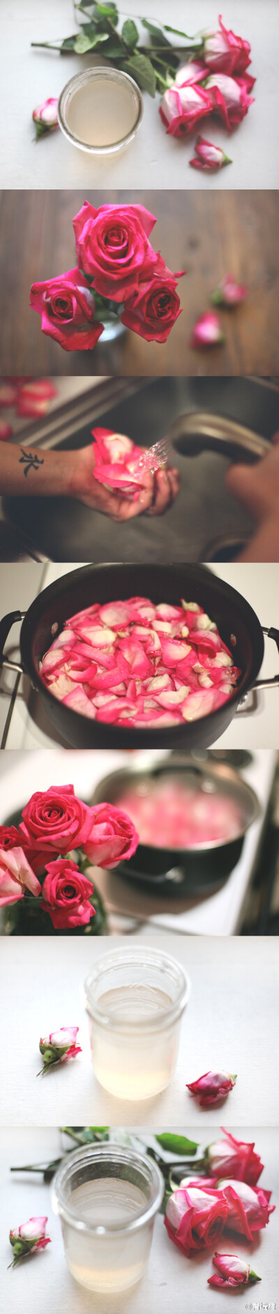 #How To Make Rose Water#by Julia。新鲜的玫瑰花瓣，冲洗洁净，入少许蒸馏水，煨至失色，之后倒入瓶中储存在阴凉的地方，这就是玫瑰水咯。若是想要萃取纯粹的玫瑰露，就得采用蒸玫瑰法：O网页链接。想必这亲手做得…