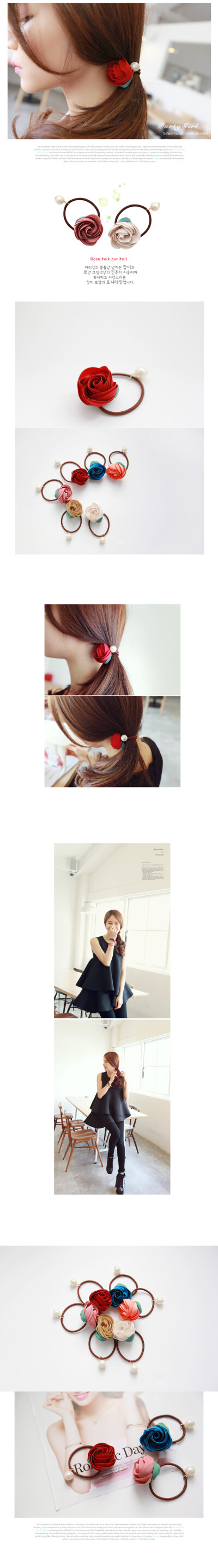 真丝质感玫瑰珍珠吊坠发圈发绳 皮筋 花朵4厘米，仿珍珠，上衣也很美