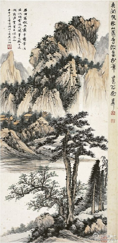 【吴湖帆的山水画】吴湖帆：现代绘画大师，书画鉴定家。早年与溥儒被称为“南吴北溥”，后与吴子深、吴待秋、冯超然、在画坛有“三吴一冯”之称。所画没骨荷花,婀娜绰约,创有新格。