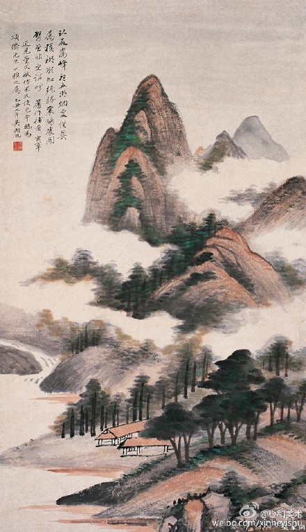 【吴湖帆的山水画】吴湖帆：现代绘画大师，书画鉴定家。早年与溥儒被称为“南吴北溥”，后与吴子深、吴待秋、冯超然、在画坛有“三吴一冯”之称。所画没骨荷花,婀娜绰约,创有新格。