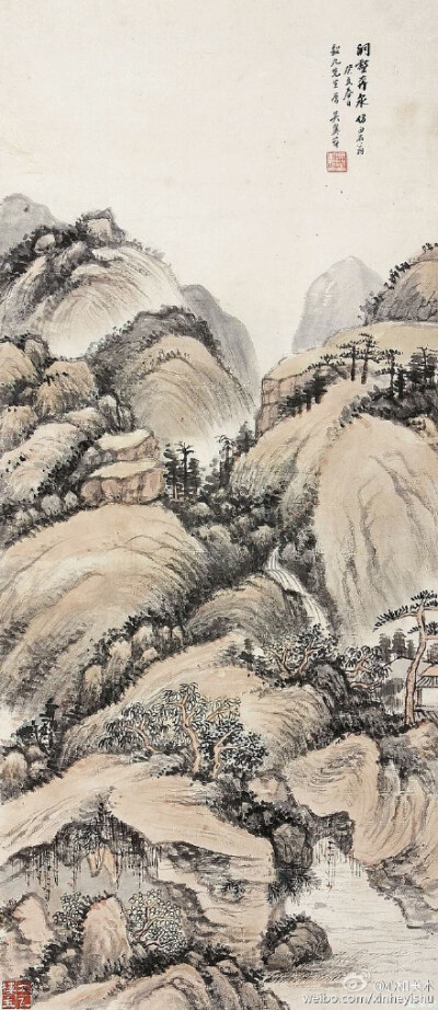 【吴湖帆的山水画】吴湖帆：现代绘画大师，书画鉴定家。早年与溥儒被称为“南吴北溥”，后与吴子深、吴待秋、冯超然、在画坛有“三吴一冯”之称。所画没骨荷花,婀娜绰约,创有新格。