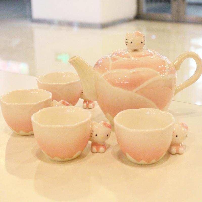  hello kitty 珐琅瓷 茶具套装 全手工茶壶茶杯 高档礼品套装