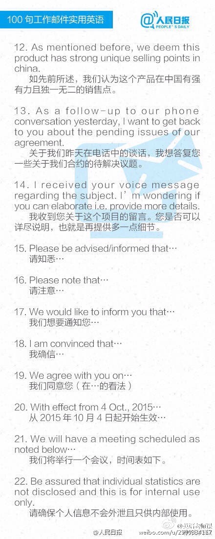 【工作必备！超实用的100句邮件英语】与国外同事邮件交流，只会写“How are you”“Thank you”？外企老板发群邮通知，要在线翻译才看得懂？学了这么多年英语，别到用时才抓耳挠腮！超实用的100句工作邮件英语↓↓轻轻松松写一封地道、专业的英文邮件！转发学起！