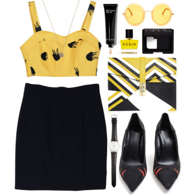 Top: http://www.lucluc.com/lucluc-yellow-jellyfish-printed-crop-top.html?merrygorounds Shoes: http://www.lucluc.com/accessories/shoes/lucluc-black-suede-colorful-cut-out-pumps.html