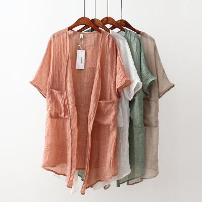 MEAKU 2015夏季棉麻女开衫外套薄款文艺防晒开衫中长款短袖空调衫