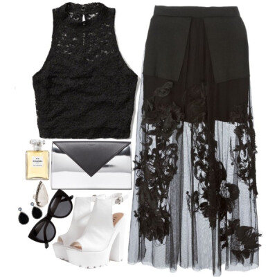 A fashion look from July 2015 featuring white tank top, black skirt and platform shoes. Browse and shop related looks.