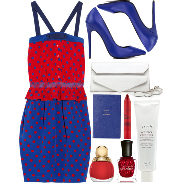 A fashion look from July 2015 featuring polka dot dress, high heel shoes and white handbags. Browse and shop related looks.