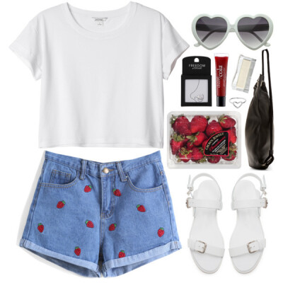 A fashion look from July 2015 featuring loose white t shirt, embroidered shorts and flats sandals. Browse and shop related looks.