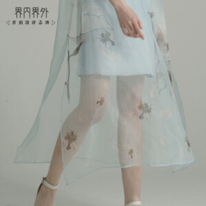 真丝印花长款连衣裙水蓝色 夏款高端桑蚕丝欧根纱长裙两件套女装