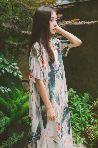 山水画。夏季牛奶丝宽松休闲两层拼接中国风气质长裙连衣裙夏