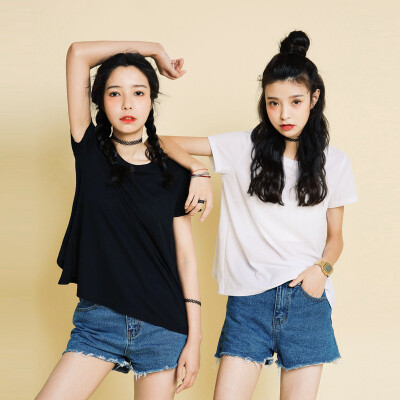 MISSQ独家定制 韩版潮款修身显瘦圆领短袖后背开叉T恤女
