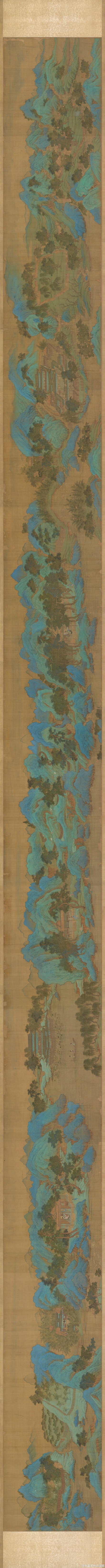 #山水畫#【 南宋 趙伯駒（款）《輞川別墅圖》 】卷，絹本設(shè)色，39.1×592.5cm，弗利爾美術(shù)館藏。 舊傳趙伯駒作，實(shí)為明人繪制。輞川，在今陜西省藍(lán)田縣城南20公里的輞川鄉(xiāng)。藍(lán)田在大唐故都長(zhǎng)安的南郊，秦嶺北麓終南山青山秀水，林木蔥郁，溪流兩岸，丹峰擁翠，奇石遍布，神態(tài)各異；四時(shí)景致，變幻瑰麗。