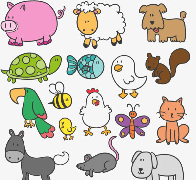 16款卡通动物设计矢量图，素材格式：AI，素材关键词：绵羊,家畜,鸭子,动物,狗,鱼,乌龟,昆虫,宠物