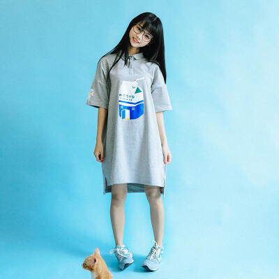 猫呗 夏季 日系学院风 小狗牛奶盒印花中长款短袖T恤连衣裙