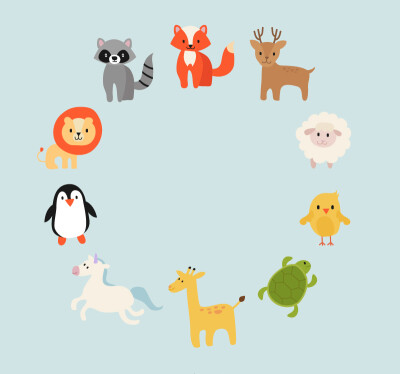 卡通动物组成的圆环矢量素材，素材格式：AI，素材关键词：动物,狮子,乌龟,绵羊,长颈鹿,企鹅,狐狸,小鸡,独角兽