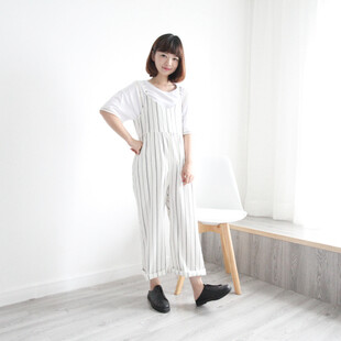 SO WHAT 韩国单2015夏季新款 白色竖条纹宽松阔腿背带裤