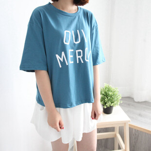SO WHAT 韩国单2015夏季新款 蓝色字母短款简约学院短袖T恤女