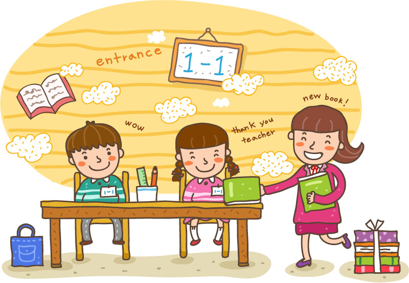 卡通新生入学插画矢量素材，素材格式：EPS，素材关键词：孩子,书包,老师,学生,新生,入学,教室