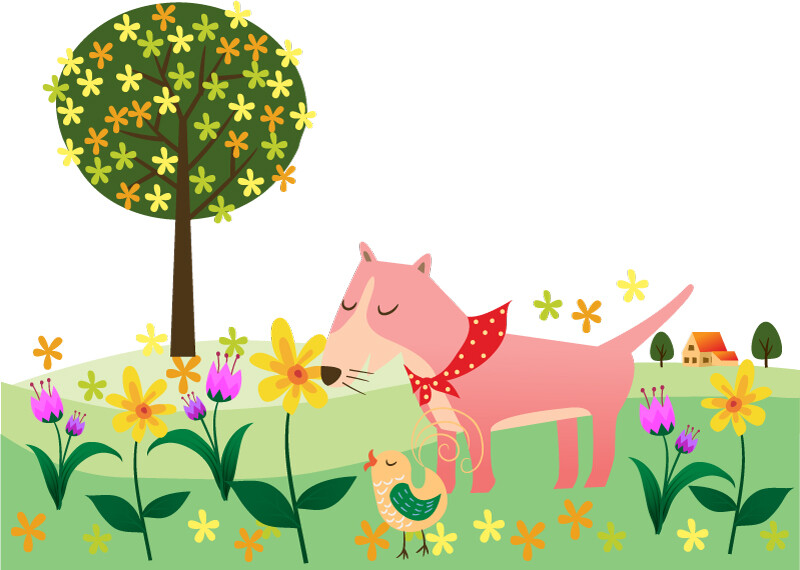 野外嗅花的宠物狗插画矢量素材,素材格式:eps,素材关键词:树木,花丛