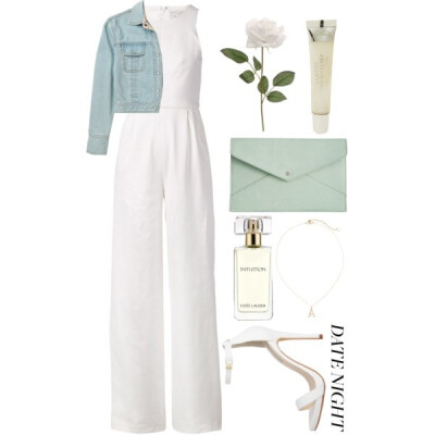 A fashion look from May 2015 featuring blue jean jacket, white jumpsuit and mint green purse. Browse and shop related looks.