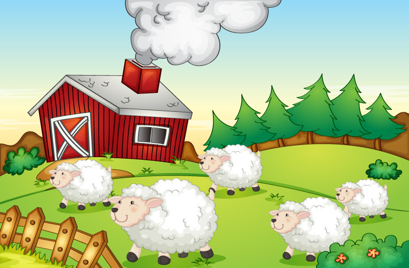 卡通农场绵羊群矢量素材,素材格式:eps,素材关键词:农场,绵羊,房屋