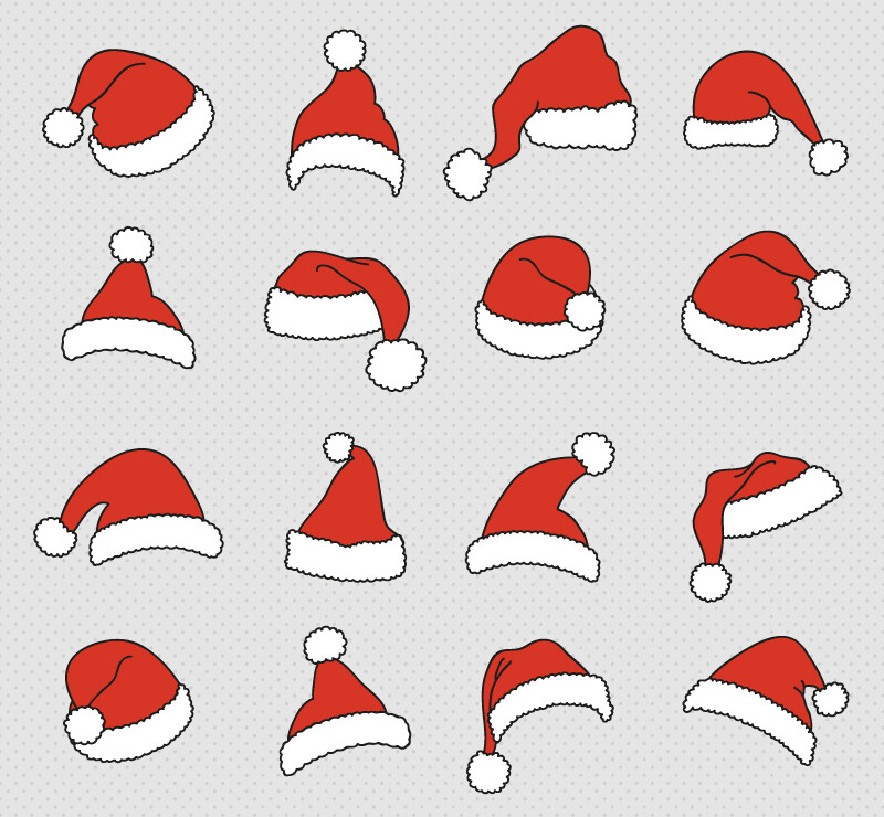 16款红色圣诞帽矢量素材，素材格式：AI，素材关键词：圣诞节,圣诞帽