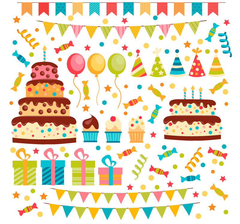 21款生日装饰元素矢量素材，素材格式：AI，素材关键词：礼物,气球,节日,糖果,拉旗,生日,蛋糕,三角拉旗