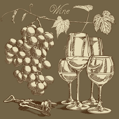 复古手绘葡萄酒背景矢量素材，素材格式：EPS，素材关键词：葡萄,手绘,葡萄酒,酒杯,开瓶器