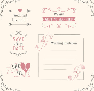 5款婚礼花纹标签矢量素材，素材格式：AI，素材关键词：婚礼,标签,花纹,爱心,请柬,花边