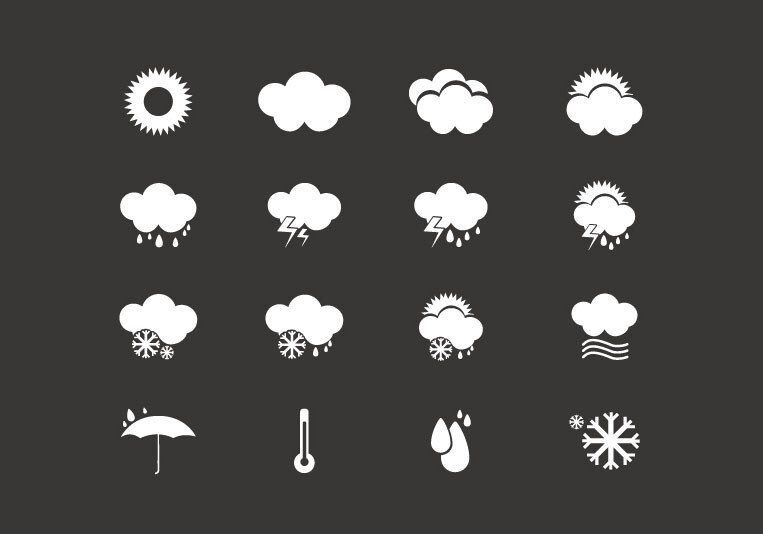 16款白色天气图标矢量素材，素材格式：AI，素材关键词：图标,天气,雨伞,雪花,气象,雷雨,温度计,雷电